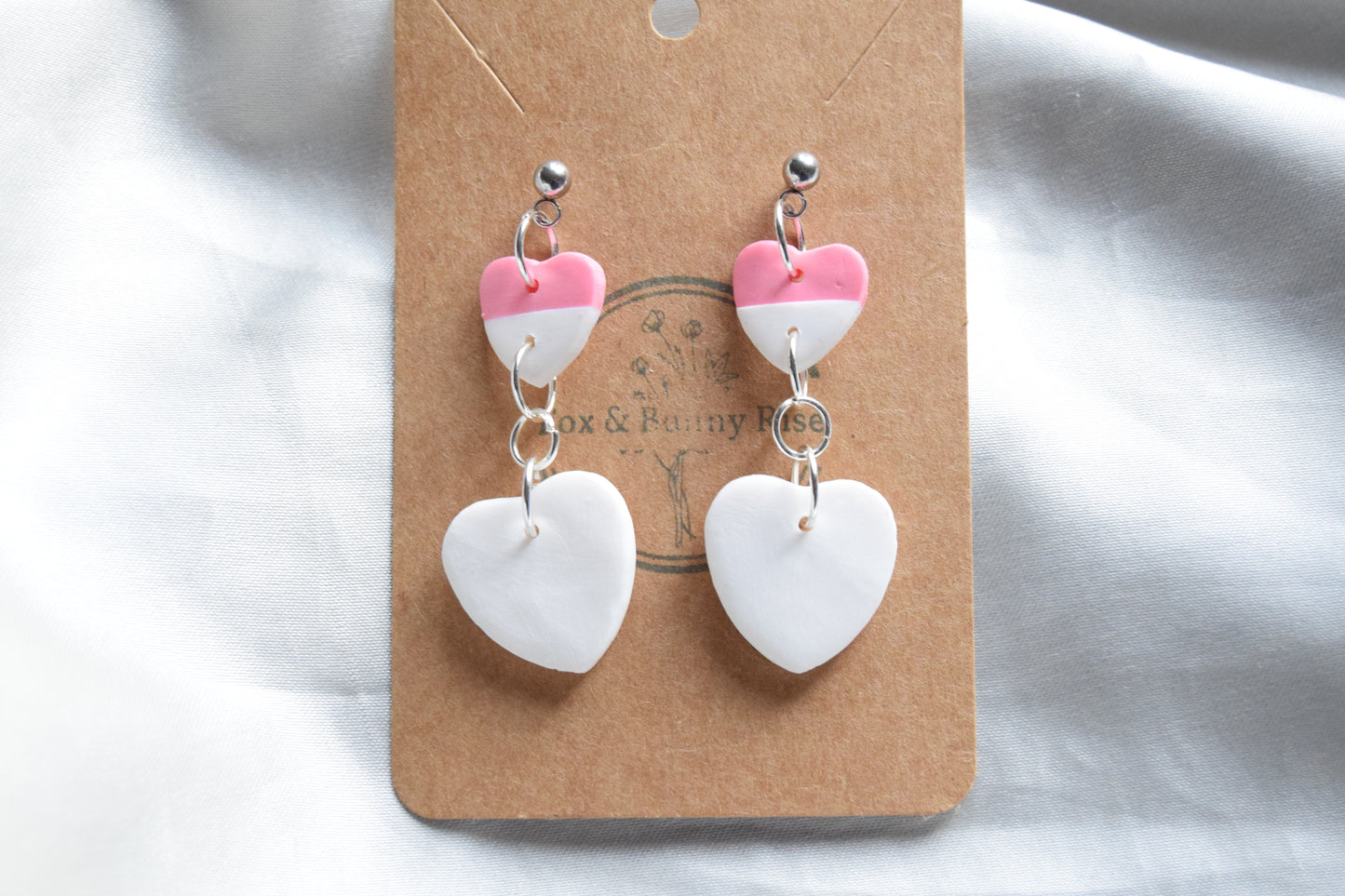 Polymer Clay Pink and White Dangling Heart Earrings