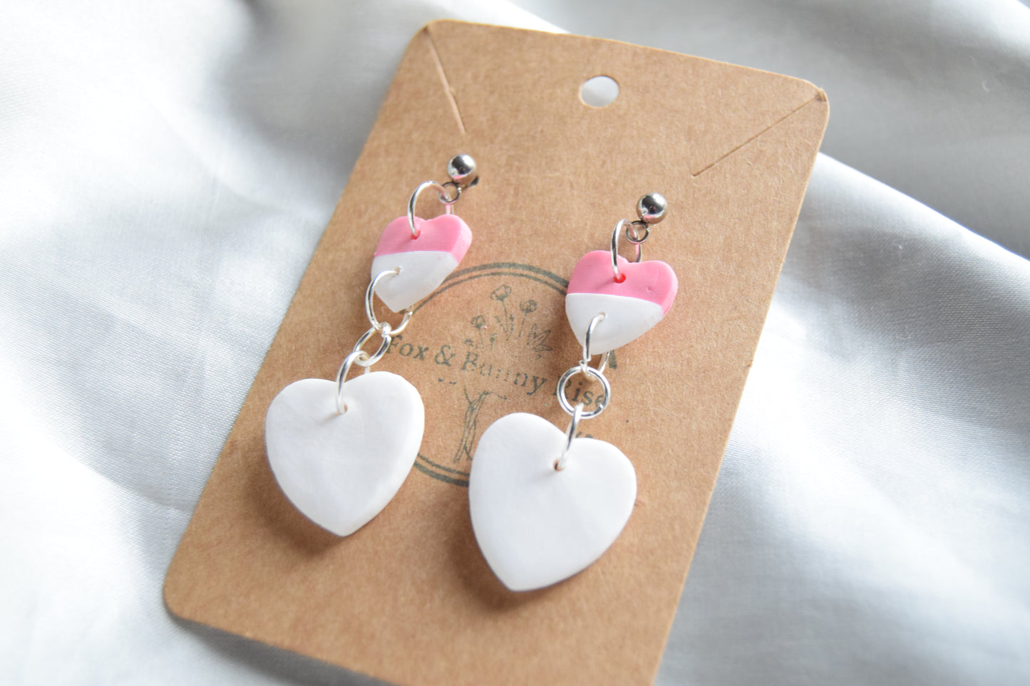 Polymer Clay Pink and White Dangling Heart Earrings