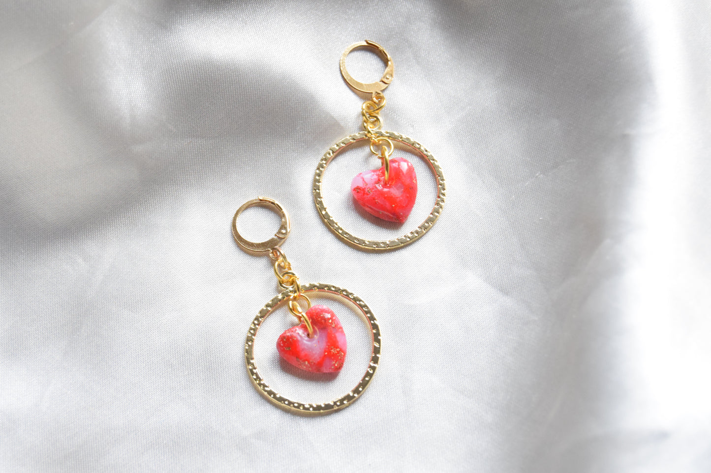 Polymer Clay Marble Red Heart and Gold Metal Circle Dangling Earrings