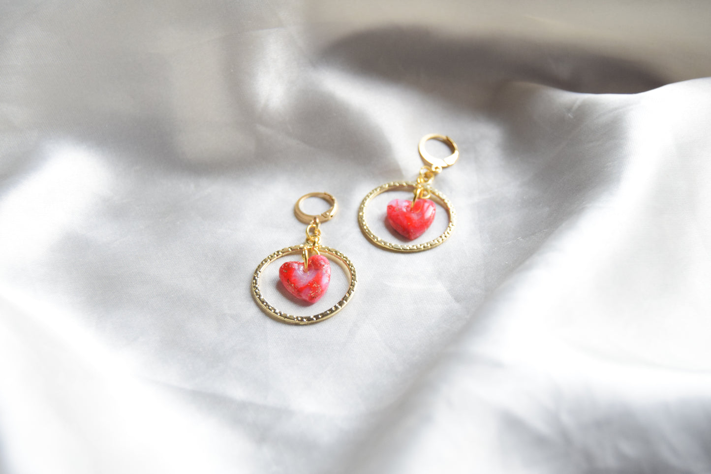 Polymer Clay Marble Red Heart and Gold Metal Circle Dangling Earrings