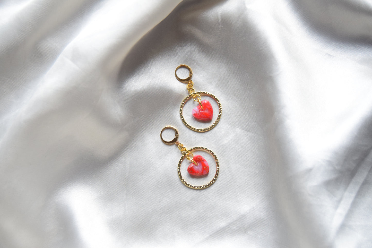 Polymer Clay Marble Red Heart and Gold Metal Circle Dangling Earrings