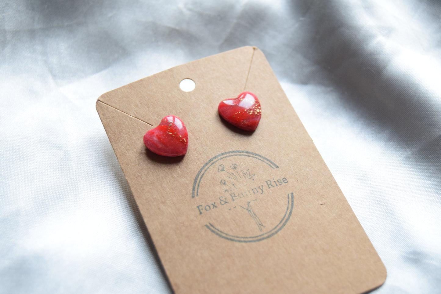 Polymer Clay Red Marble Heart Studs with Gold Flakes