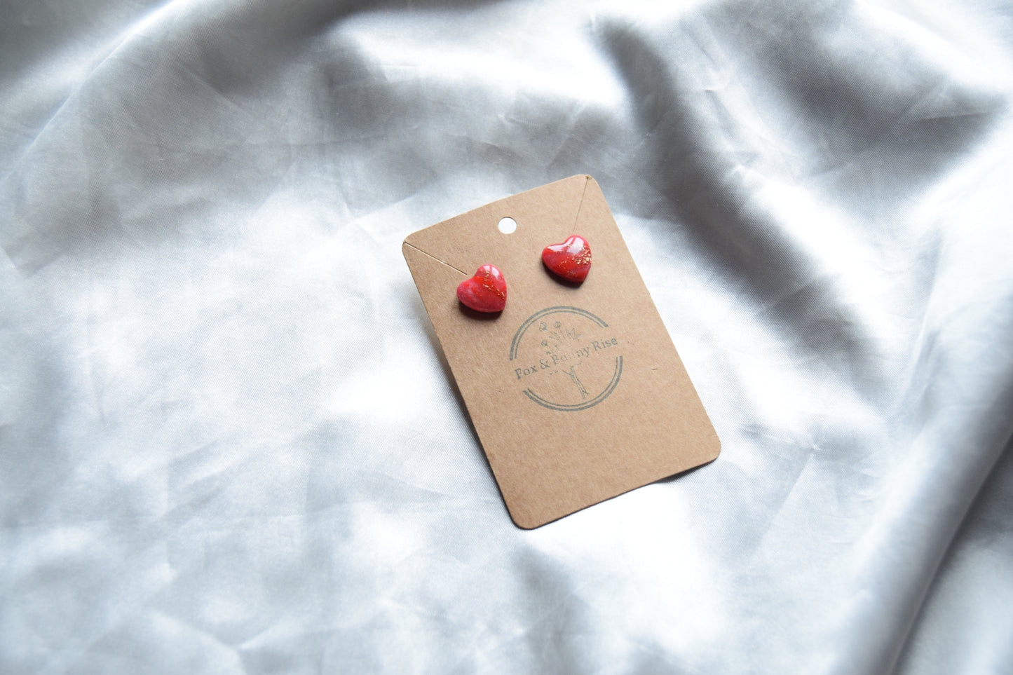 Polymer Clay Red Marble Heart Studs with Gold Flakes