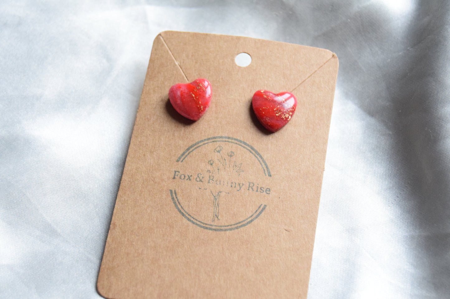 Polymer Clay Red Marble Heart Studs with Gold Flakes