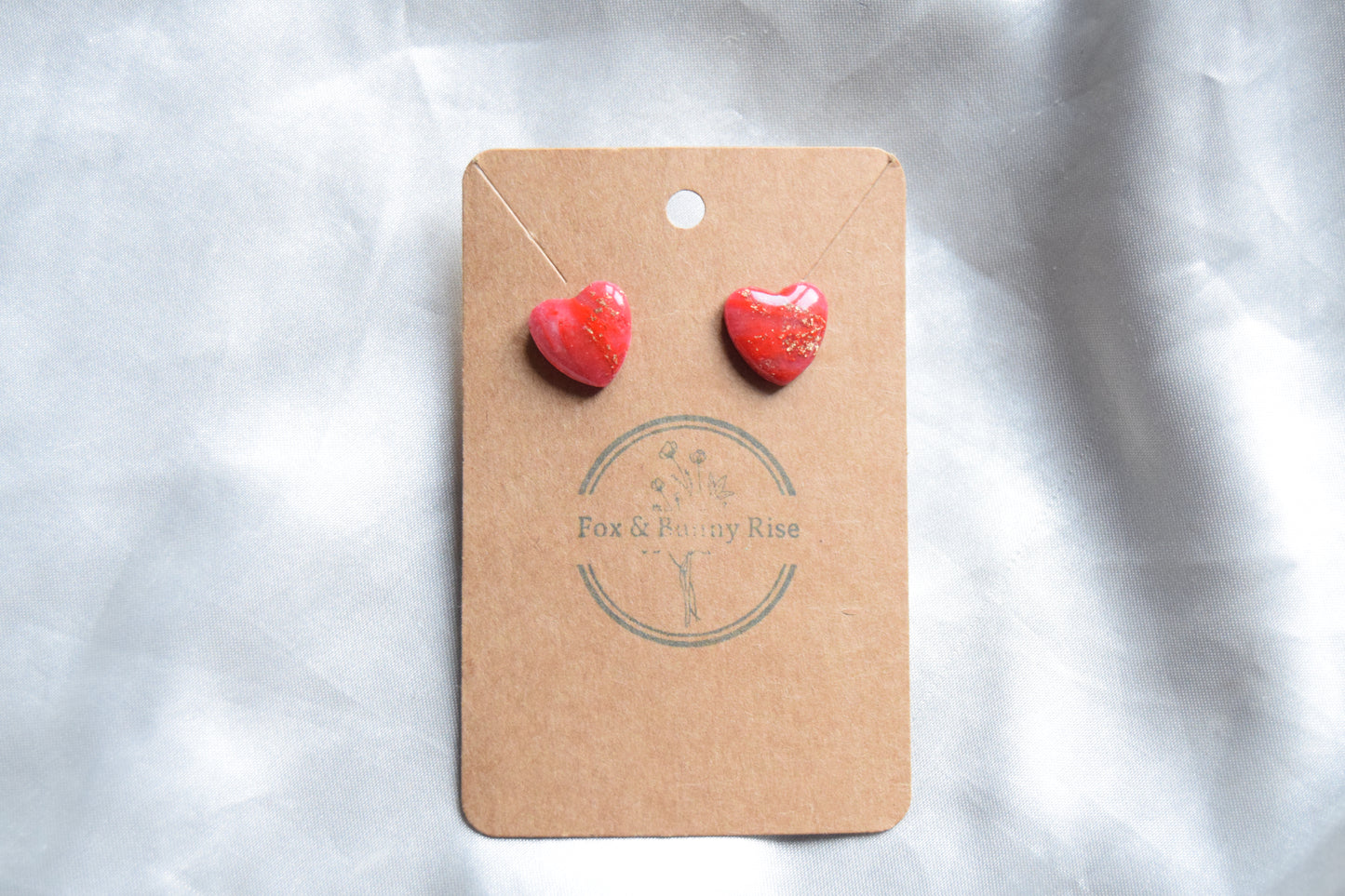 Polymer Clay Red Marble Heart Studs with Gold Flakes