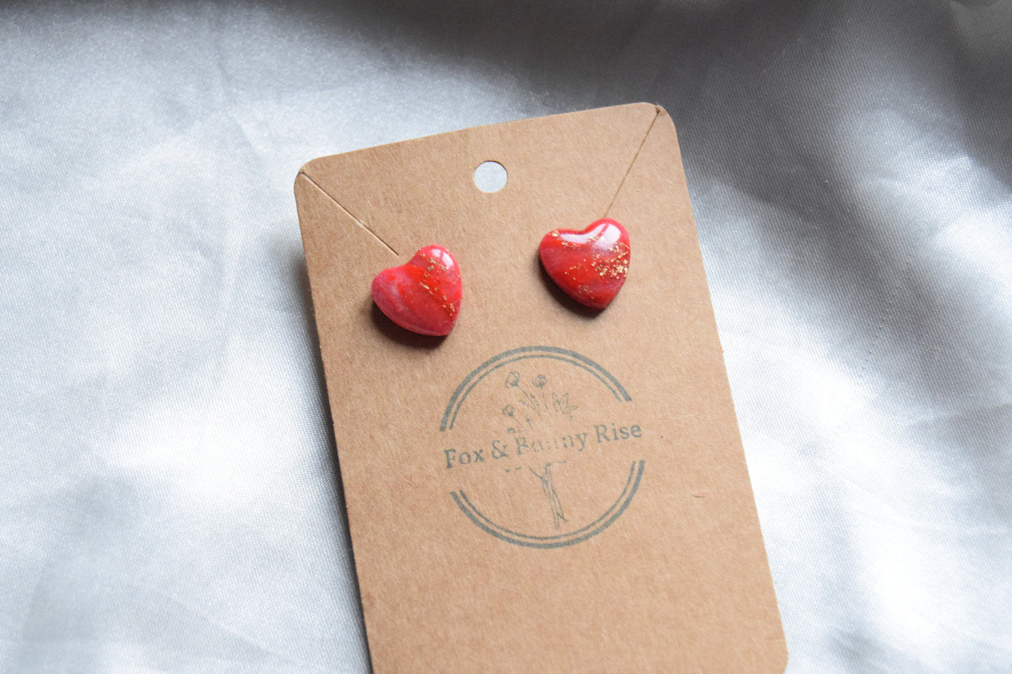 Polymer Clay Red Marble Heart Studs with Gold Flakes