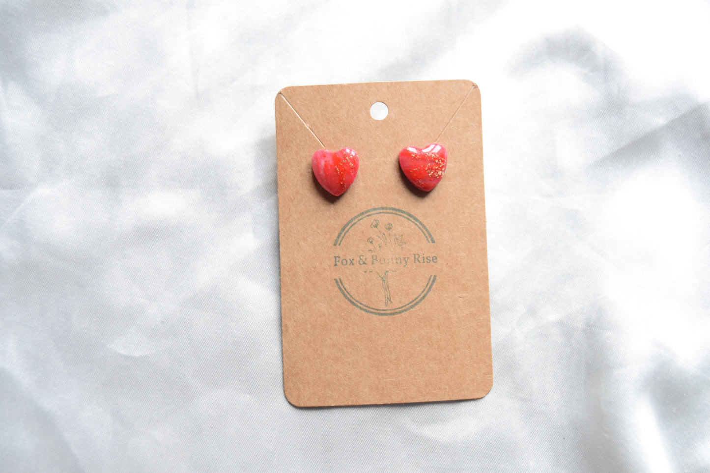 Polymer Clay Red Marble Heart Studs with Gold Flakes