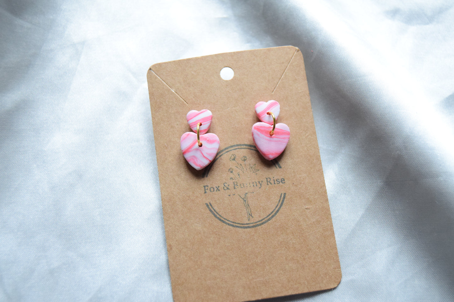 Polymer Clay Pink and White Swirl Dangling Heart Studs