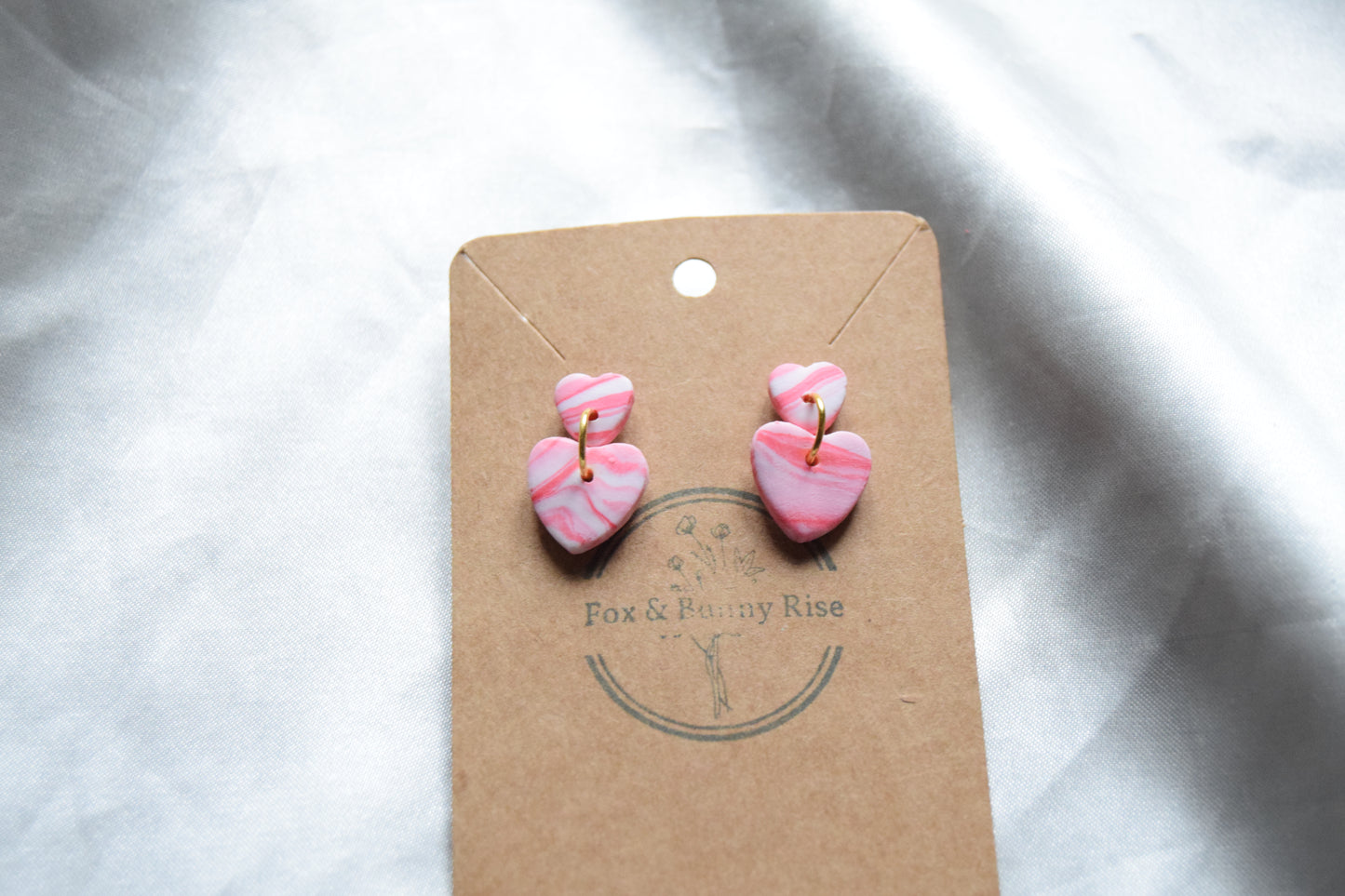 Polymer Clay Pink and White Swirl Dangling Heart Studs