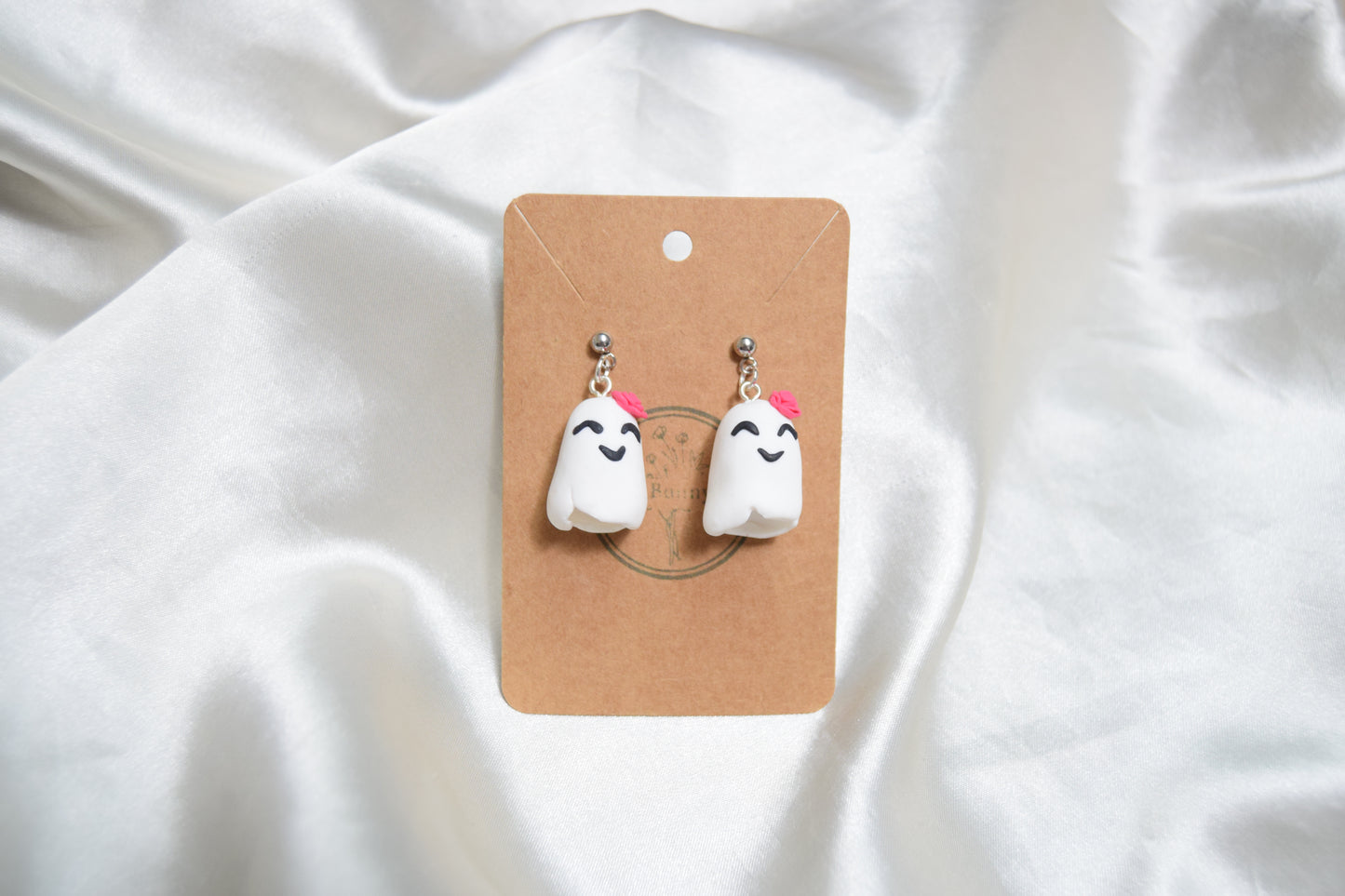 Cute Ghost Polymer Clay Earrings with Rose