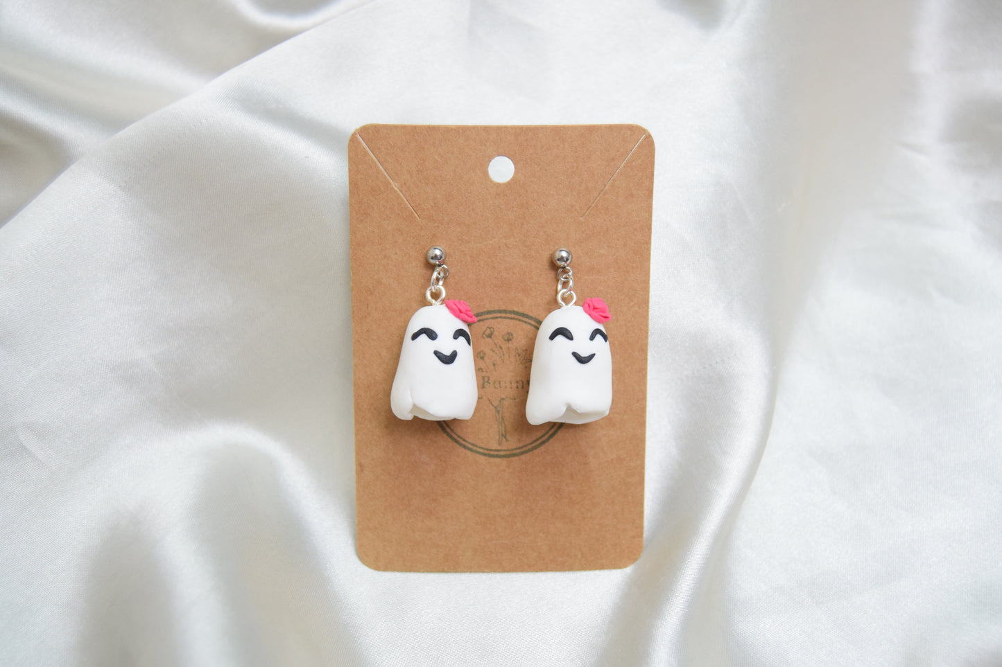 Cute Ghost Polymer Clay Earrings with Rose