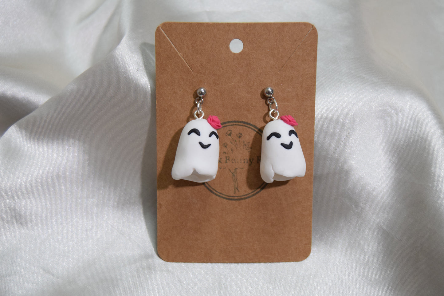 Cute Ghost Polymer Clay Earrings with Rose