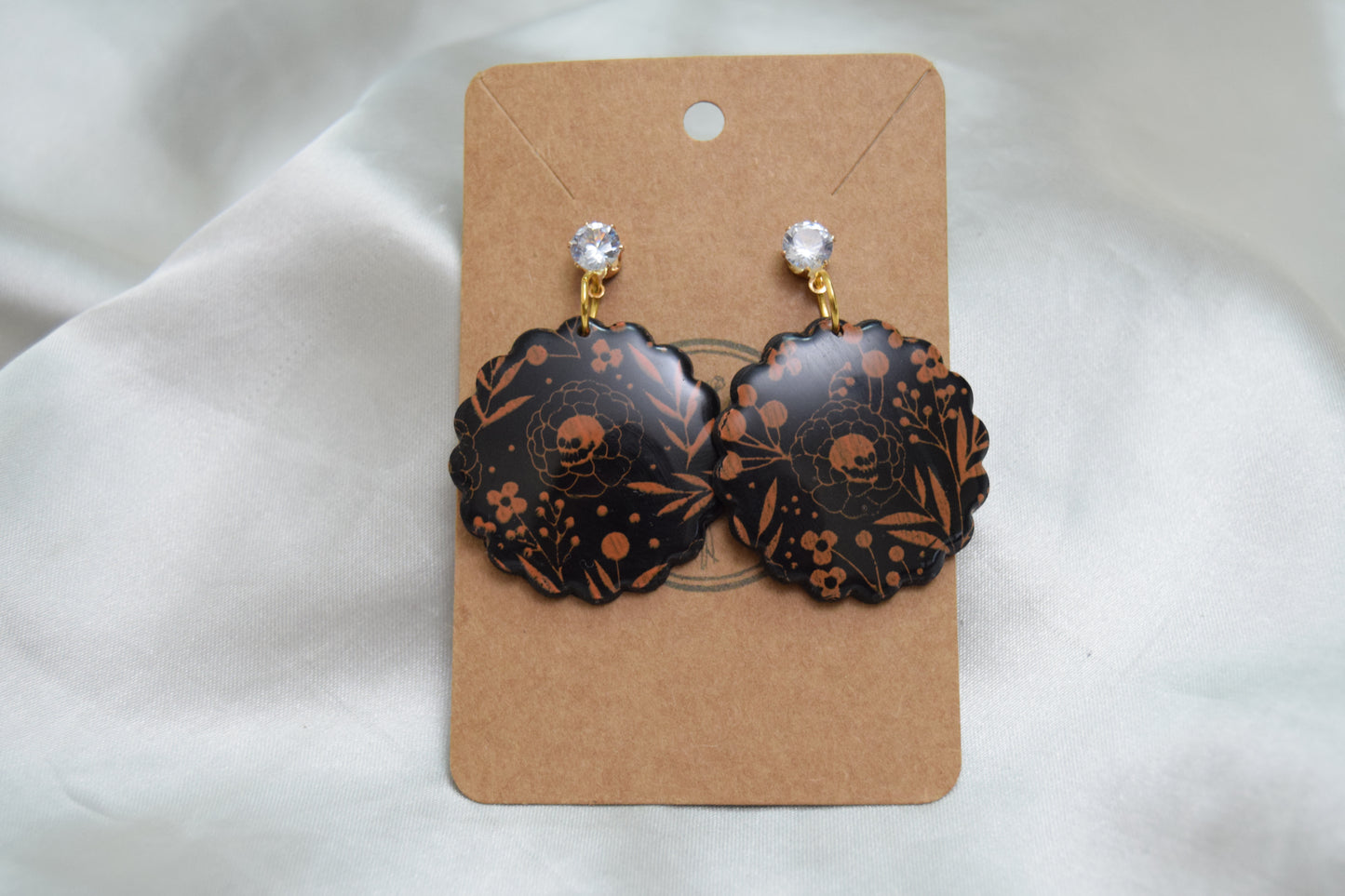 Halloween Flower Skull Polymer Clay Dangles with Cubic Zirconia