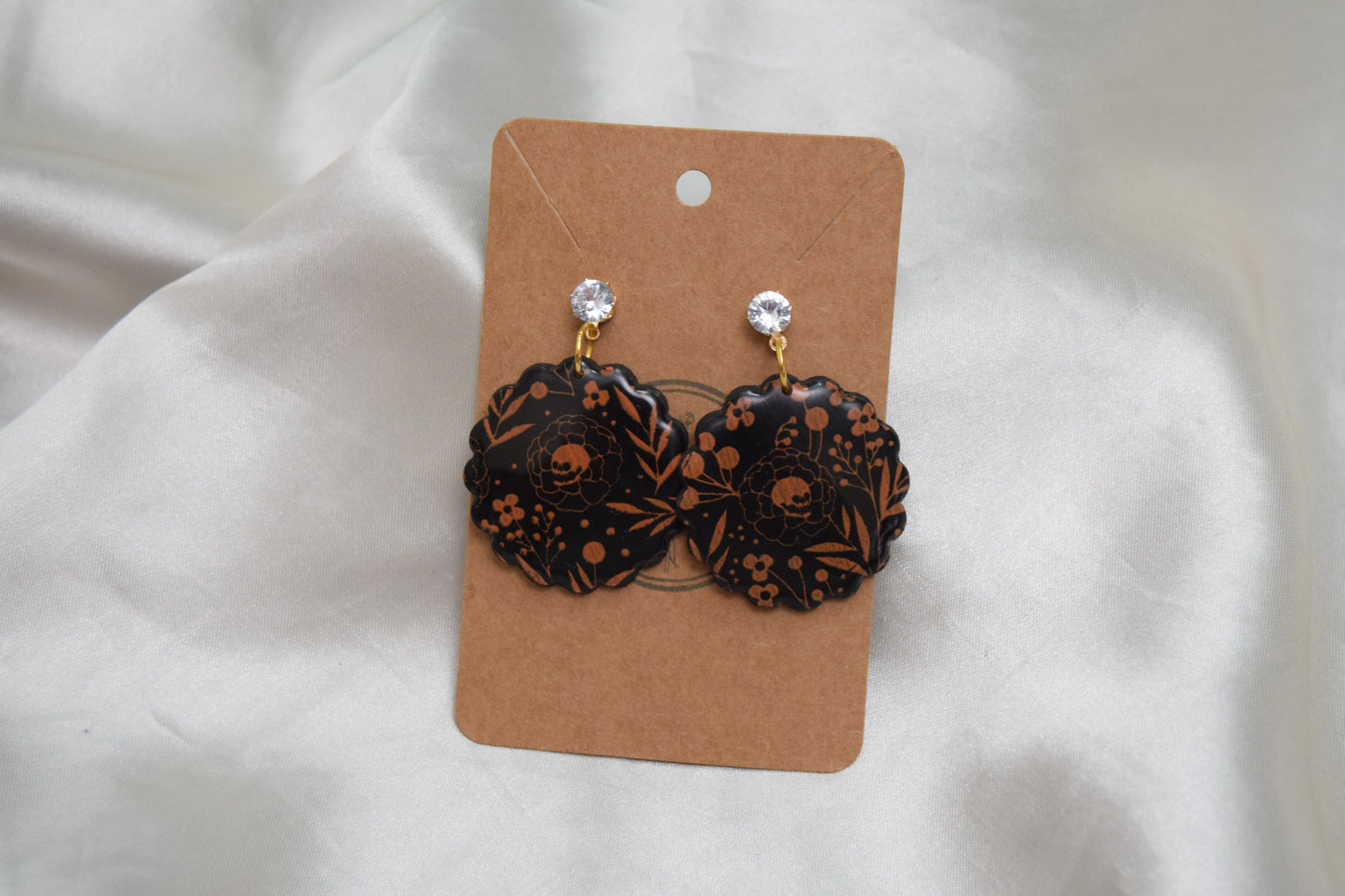 Halloween Flower Skull Polymer Clay Dangles with Cubic Zirconia