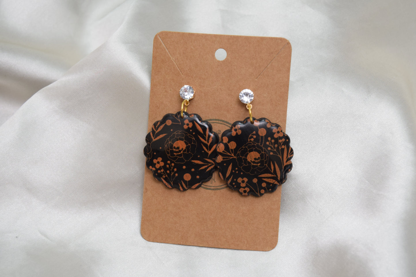 Halloween Flower Skull Polymer Clay Dangles with Cubic Zirconia