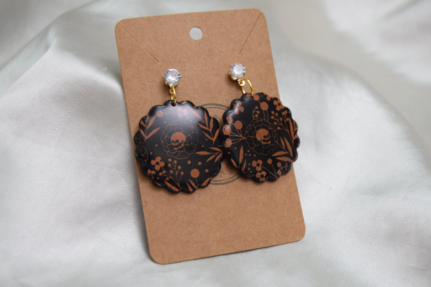 Halloween Flower Skull Polymer Clay Dangles with Cubic Zirconia