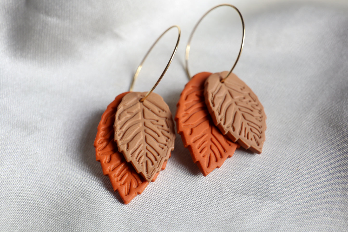 Polymer Clay Double Leaf Hoop Earrings - Orange and Brown