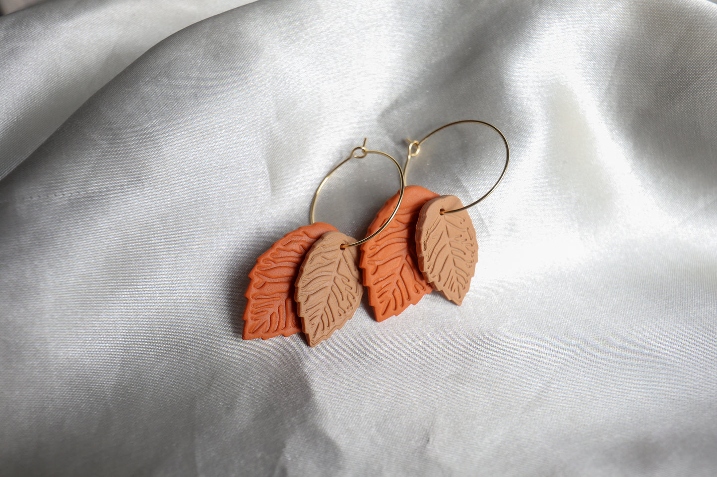 Polymer Clay Double Leaf Hoop Earrings - Orange and Brown