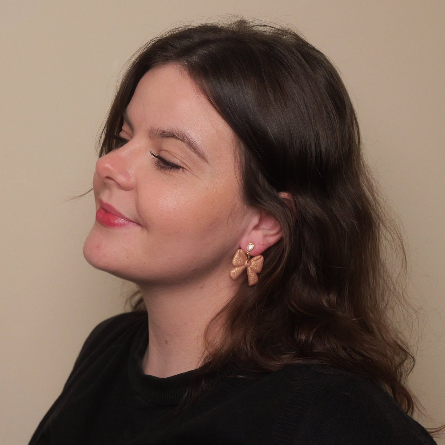 Champagne Shimmery Bow Dangle Earrings