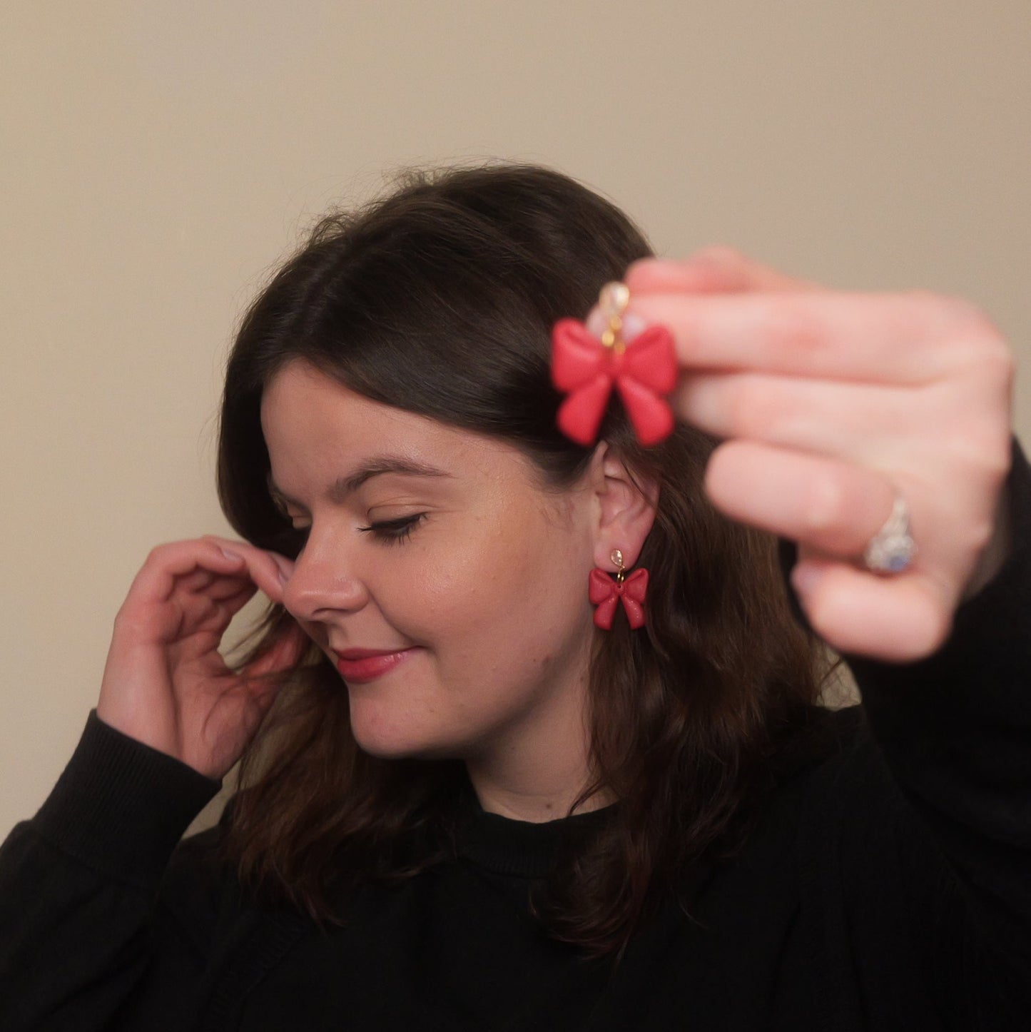 Red Shimmery Bow Dangle Earrings