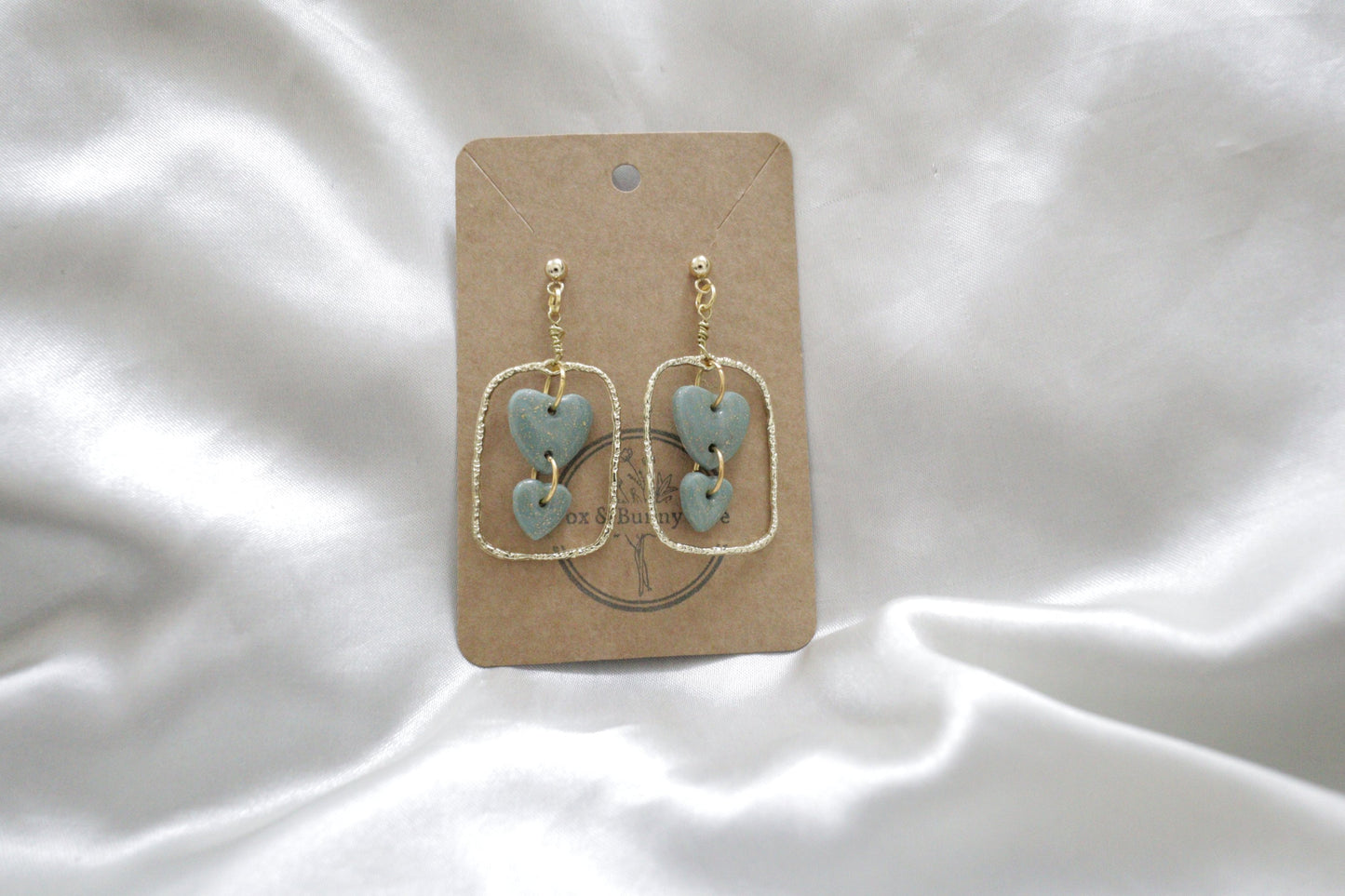 Gold Rectangular Earrings with Green Polymer Clay Hearts/ Bridal Earrrings