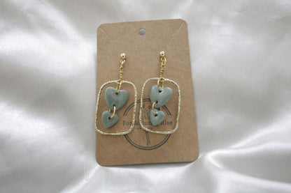 Gold Rectangular Earrings with Green Polymer Clay Hearts/ Bridal Earrrings