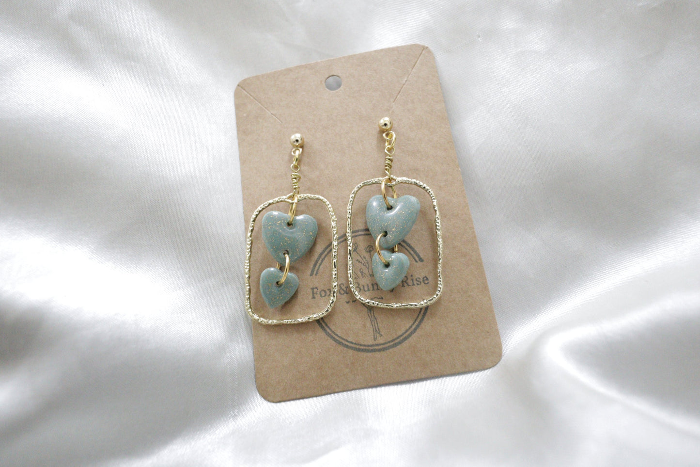 Gold Rectangular Earrings with Green Polymer Clay Hearts/ Bridal Earrrings