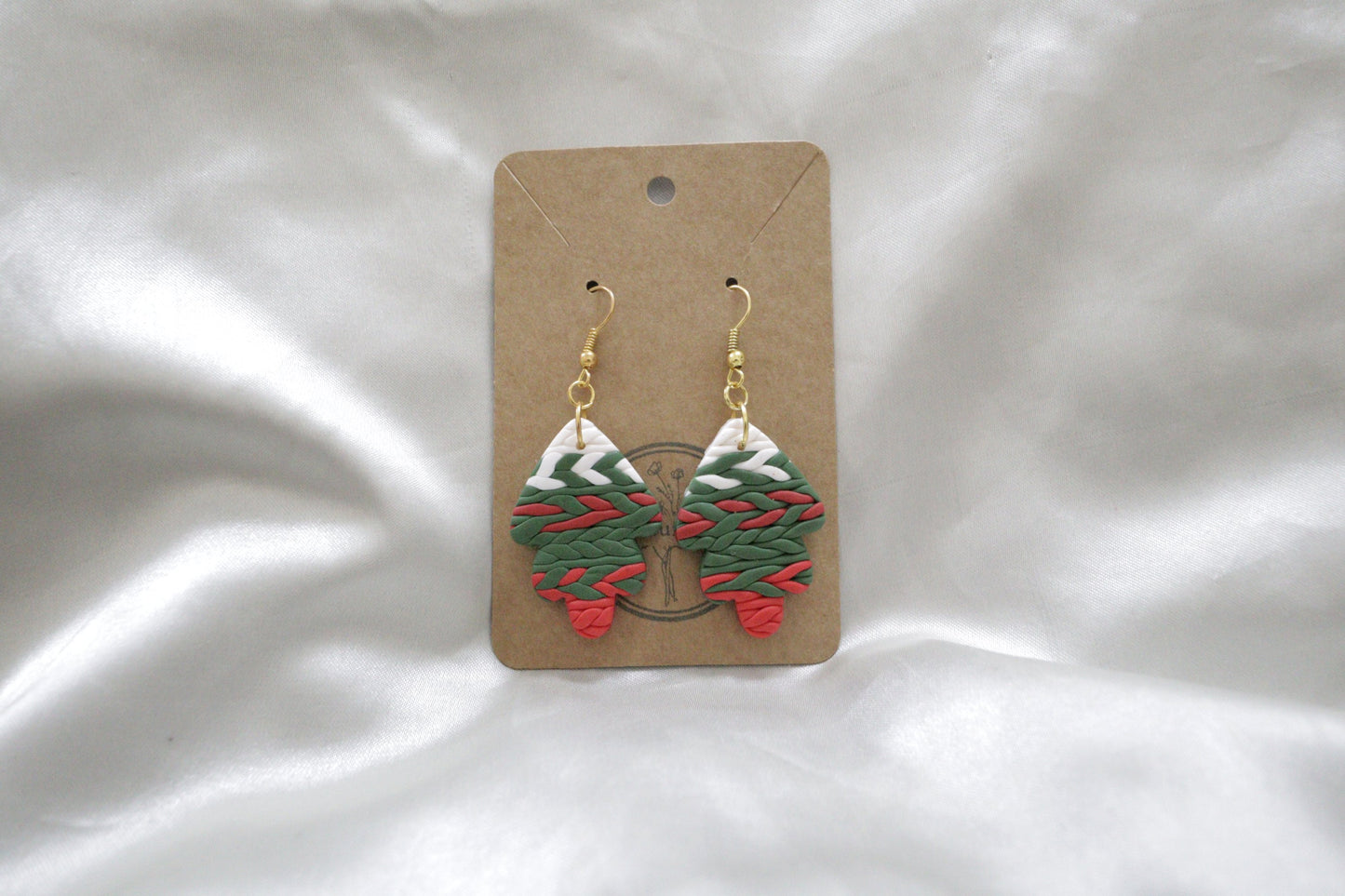 Polymer Clay White, Red and Green Braided Leaf Earrings