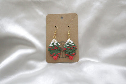 Polymer Clay White, Red and Green Braided Leaf Earrings