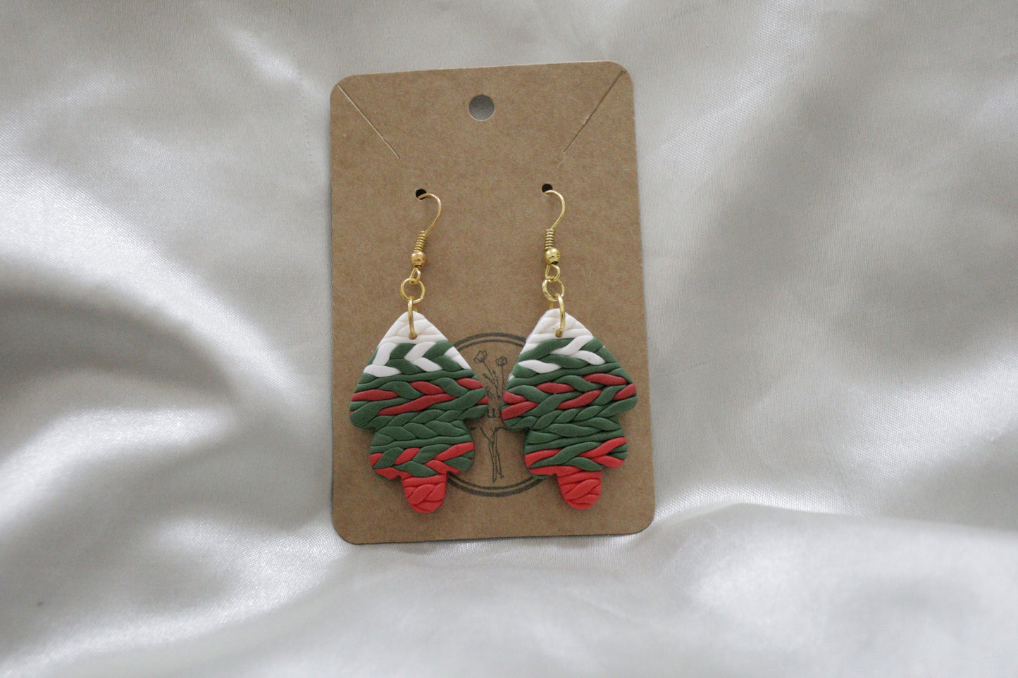 Polymer Clay White, Red and Green Braided Leaf Earrings