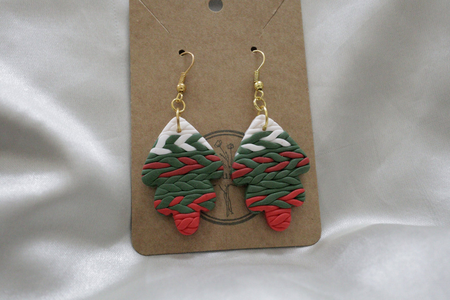 Polymer Clay White, Red and Green Braided Leaf Earrings