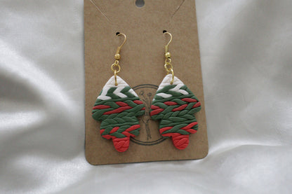 Polymer Clay White, Red and Green Braided Leaf Earrings