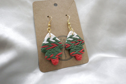 Polymer Clay White, Red and Green Braided Leaf Earrings