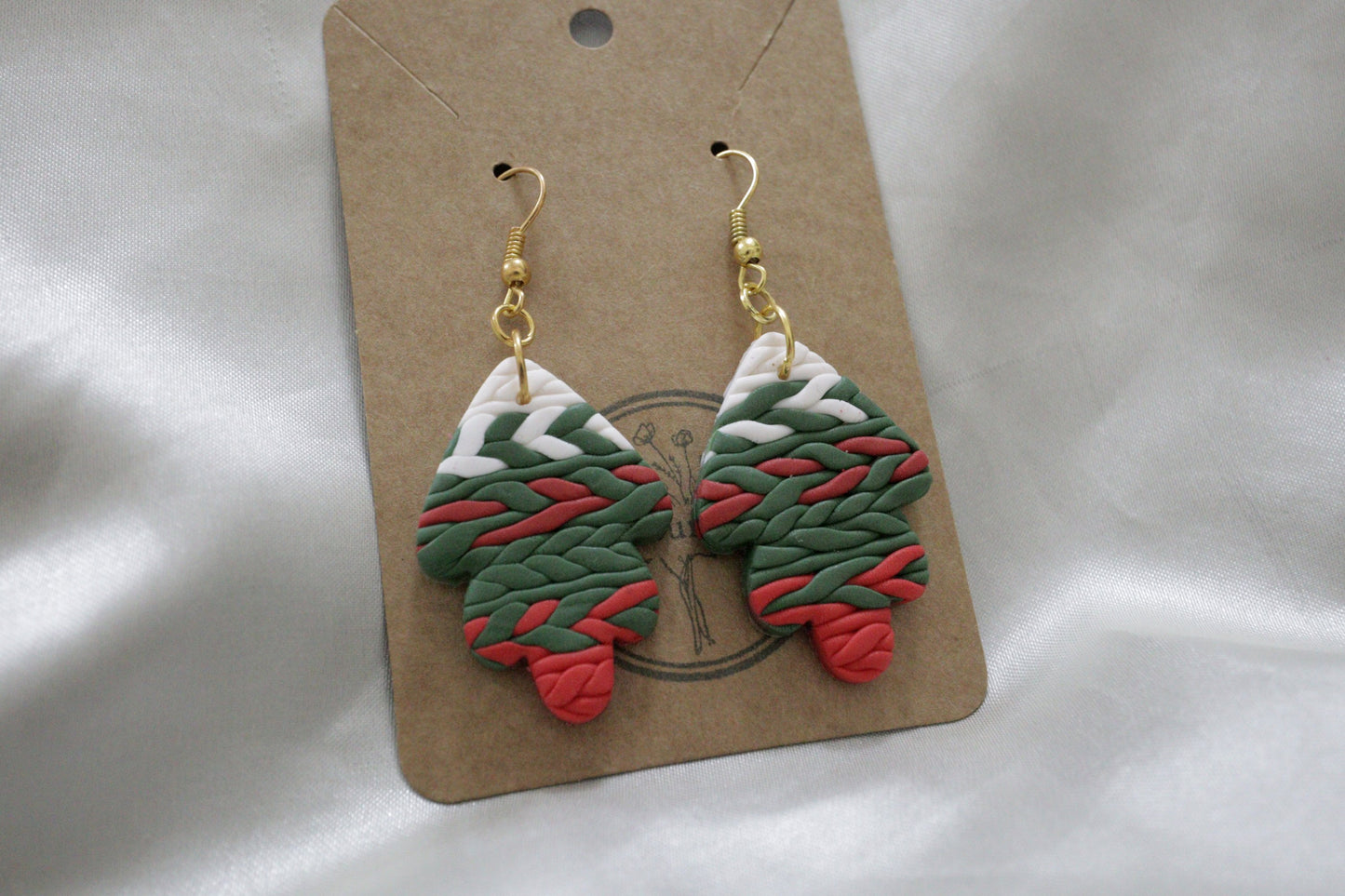 Polymer Clay White, Red and Green Braided Leaf Earrings