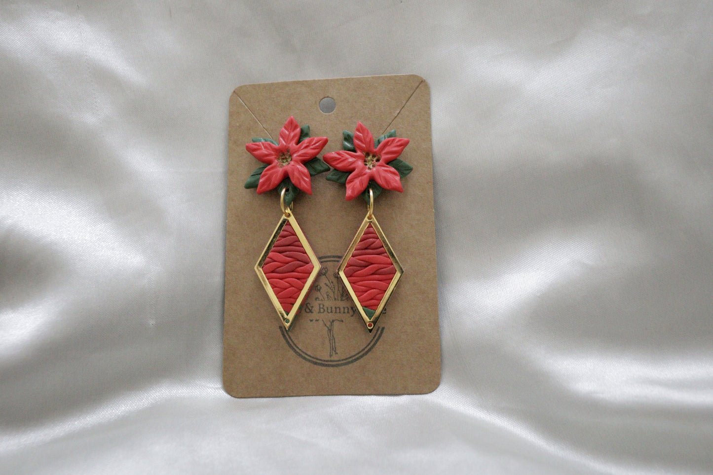 Polymer Clay Christmas Poinsettia Flower with Rhombohedral Pendant Earrings
