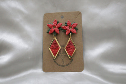 Polymer Clay Christmas Poinsettia Flower with Rhombohedral Pendant Earrings