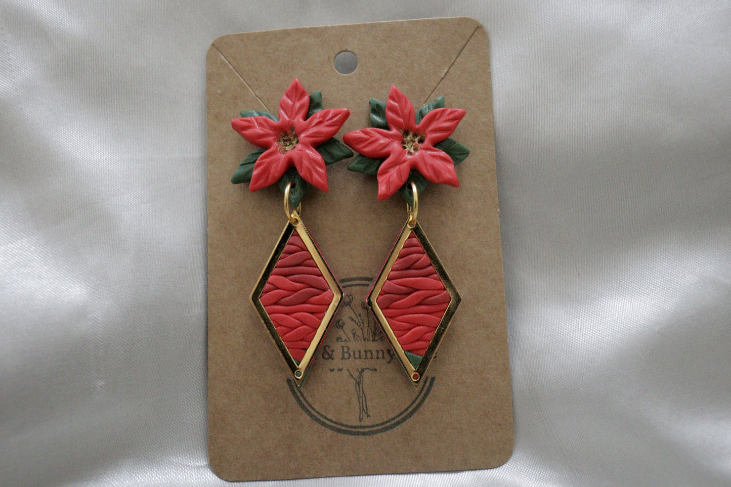 Polymer Clay Christmas Poinsettia Flower with Rhombohedral Pendant Earrings