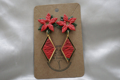 Polymer Clay Christmas Poinsettia Flower with Rhombohedral Pendant Earrings
