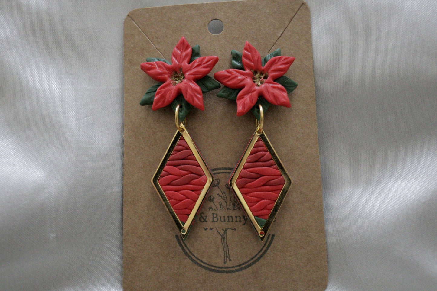Polymer Clay Christmas Poinsettia Flower with Rhombohedral Pendant Earrings