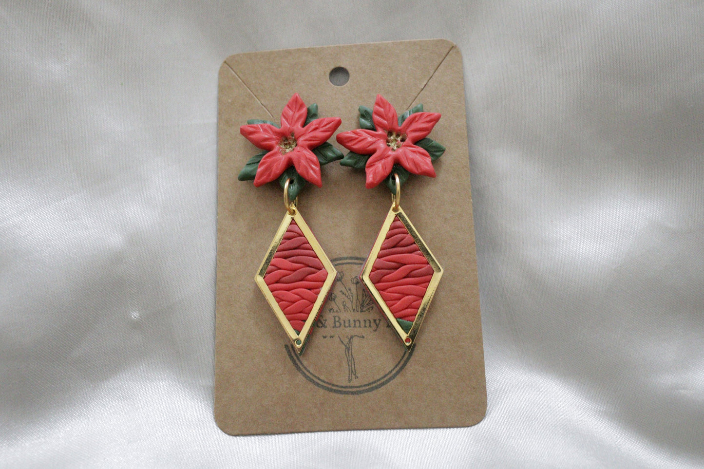 Polymer Clay Christmas Poinsettia Flower with Rhombohedral Pendant Earrings