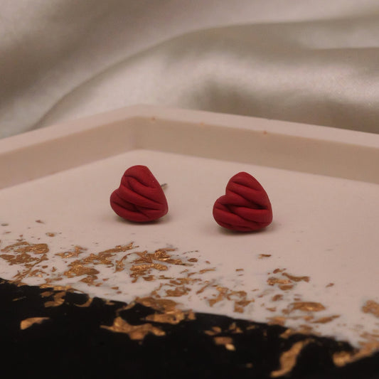 Braided Dark Red Heart Studs - Small
