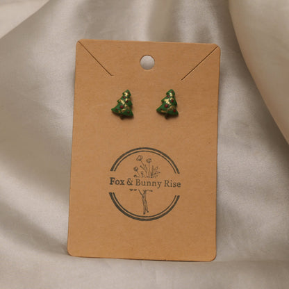 Christmas Tree with Red Baubles and Gold Tinsel Stud Earrings