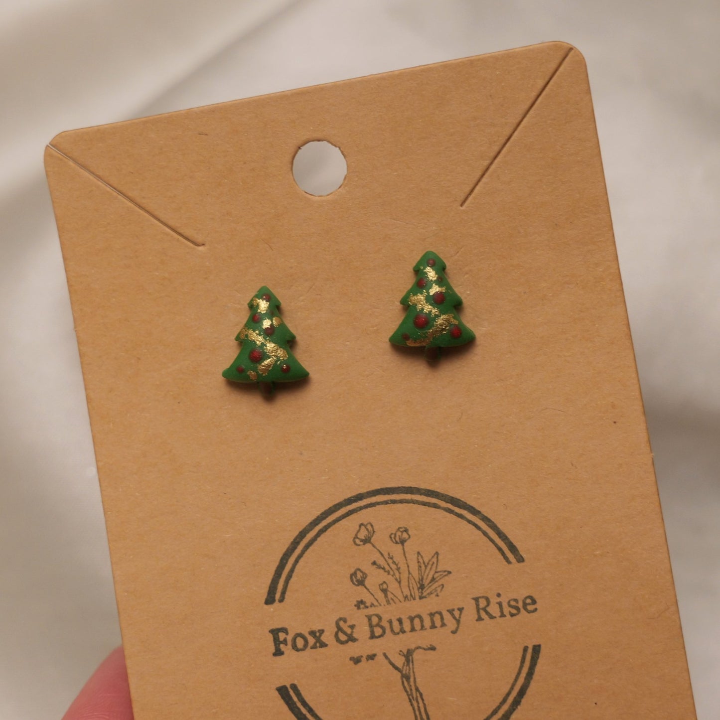 Christmas Tree with Red Baubles and Gold Tinsel Stud Earrings