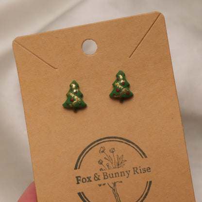 Christmas Tree with Red Baubles and Gold Tinsel Stud Earrings