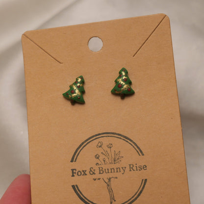 Christmas Tree with Red Baubles and Gold Tinsel Stud Earrings