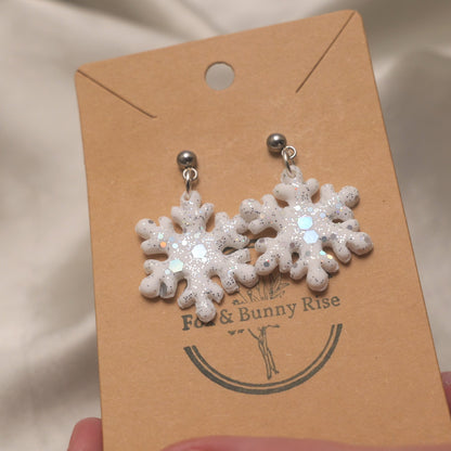 Glitter Snowflakes with Silver Ball Pin Dangle Earrings - Various Colours