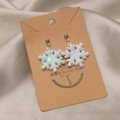 Glitter Snowflakes with Silver Ball Pin Dangle Earrings - Various Colours