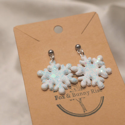 Glitter Snowflakes with Silver Ball Pin Dangle Earrings - Various Colours
