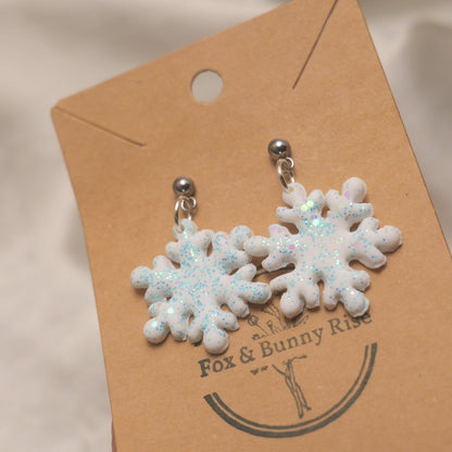Glitter Snowflakes with Silver Ball Pin Dangle Earrings - Various Colours