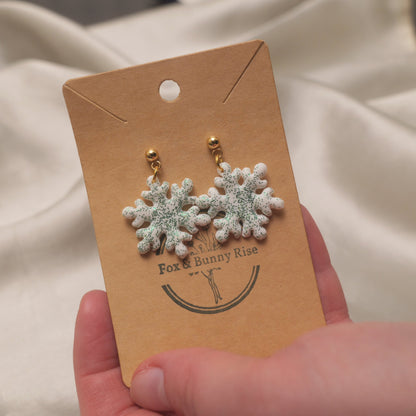 Glitter Snowflakes with Gold Ball Pin Dangle Earrings - Various Colours